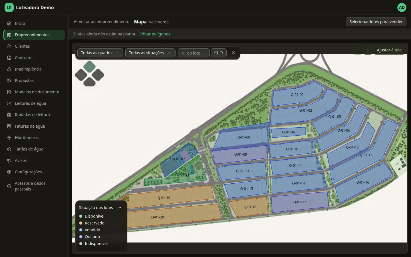 Mapa de um empreendimento no sistema, com os lotes coloridos por situação: disponível, reservado, vendido e quitado.