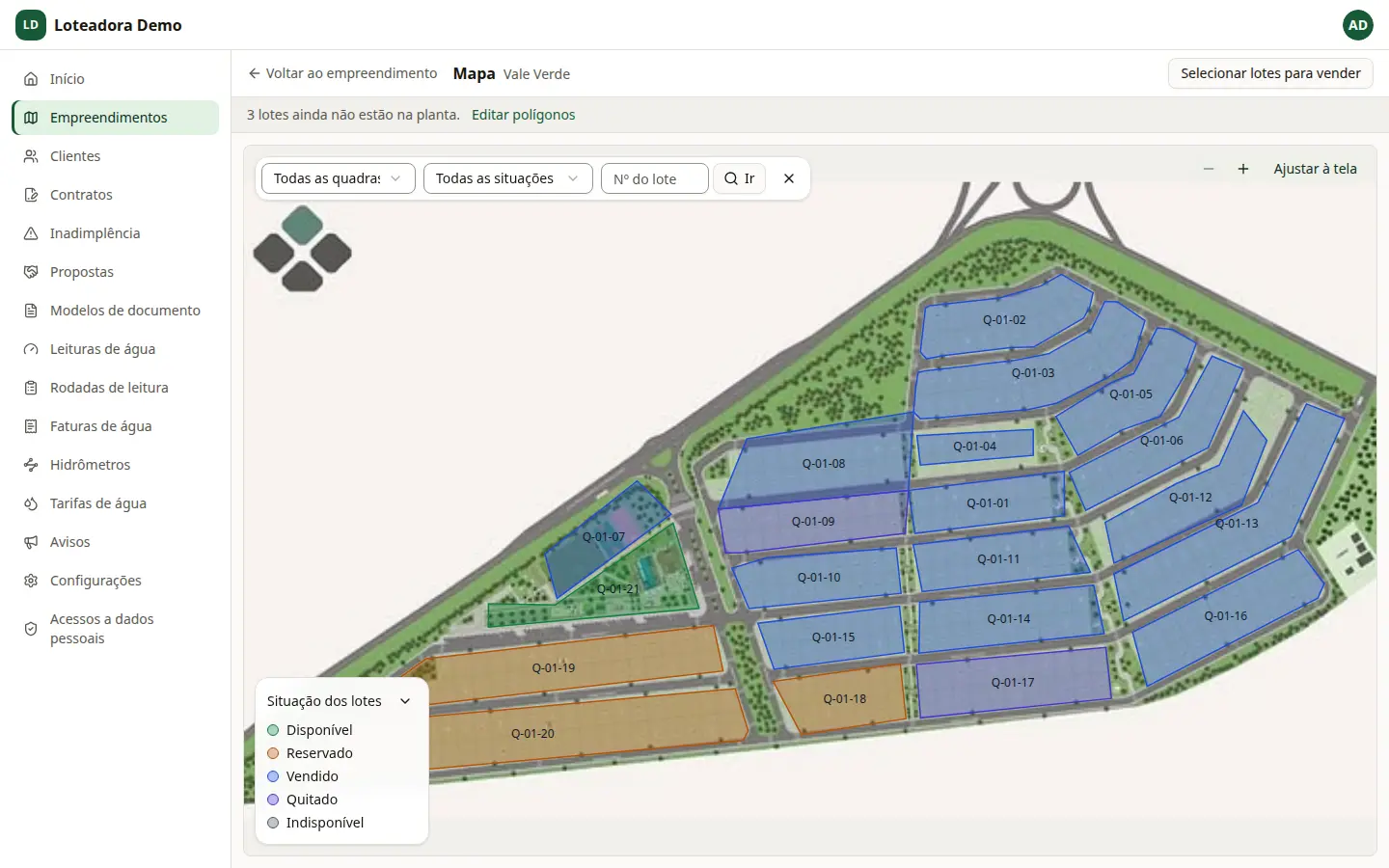 Mapa de um empreendimento no sistema, com os lotes coloridos por situação: disponível, reservado, vendido e quitado.